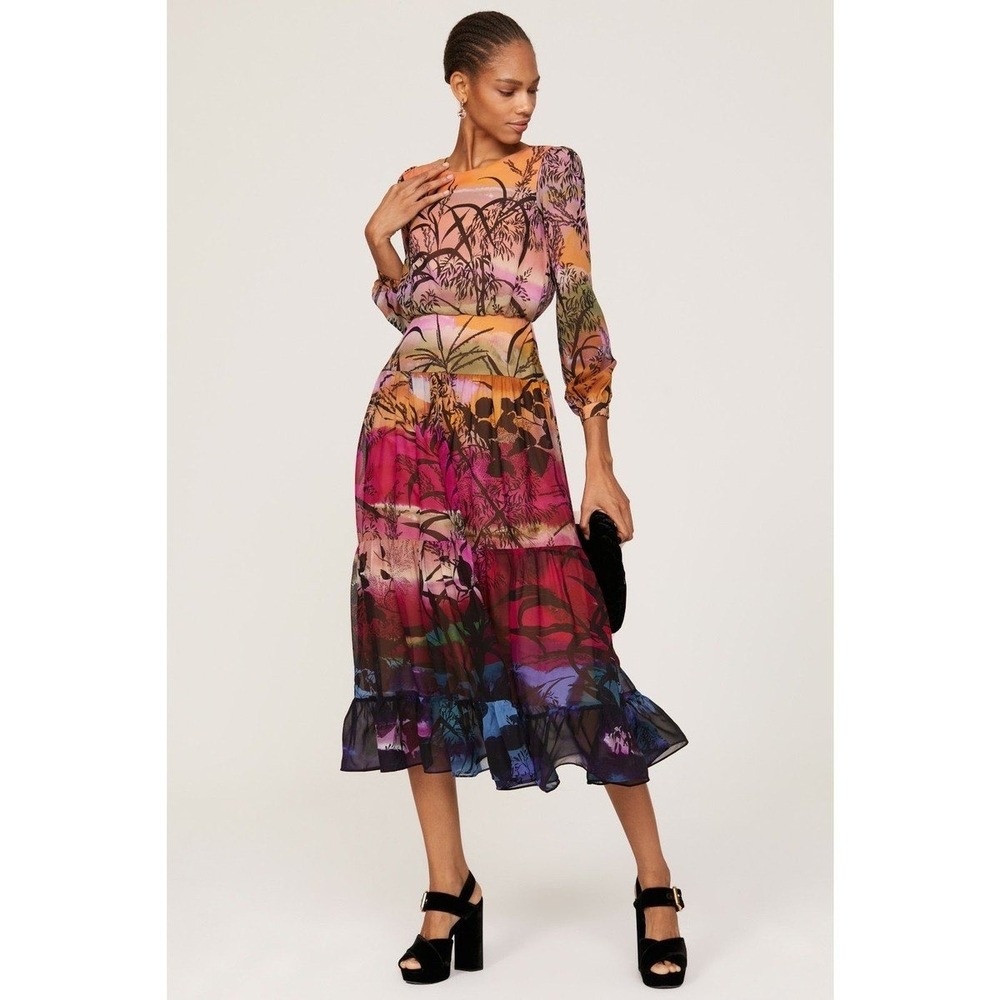 Saloni Isabel Silk Midi Dress Sunset Botanical Tiered Ruffle Women Sz 8 US